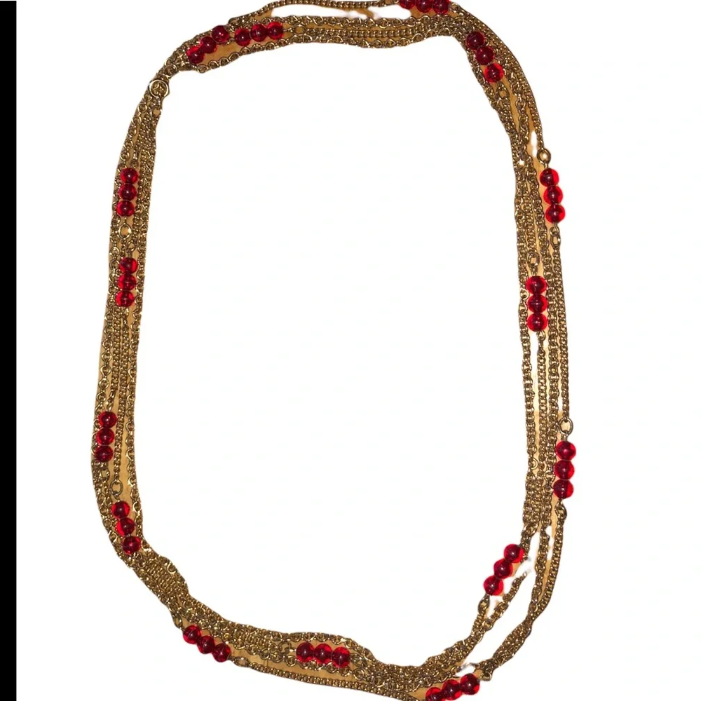Disco Long Gold‎ Tone Chain Red Glass Bead Necklace